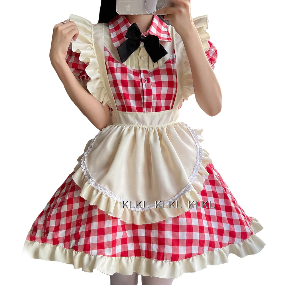 Halloween Cosplay Kostuum Plus Size Lolita Meid Uniform Schattige Schort Jurk Animatie Show Rode Geruite Meid Outfits Kawaii Kleding