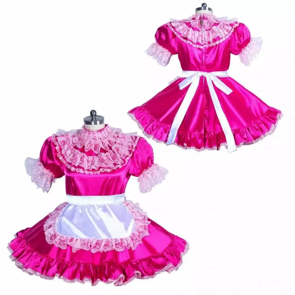 

Sexy sissy French maid pomegranate red satin lockable multi-layer lace ruffled dress maid cosplay costume customizable