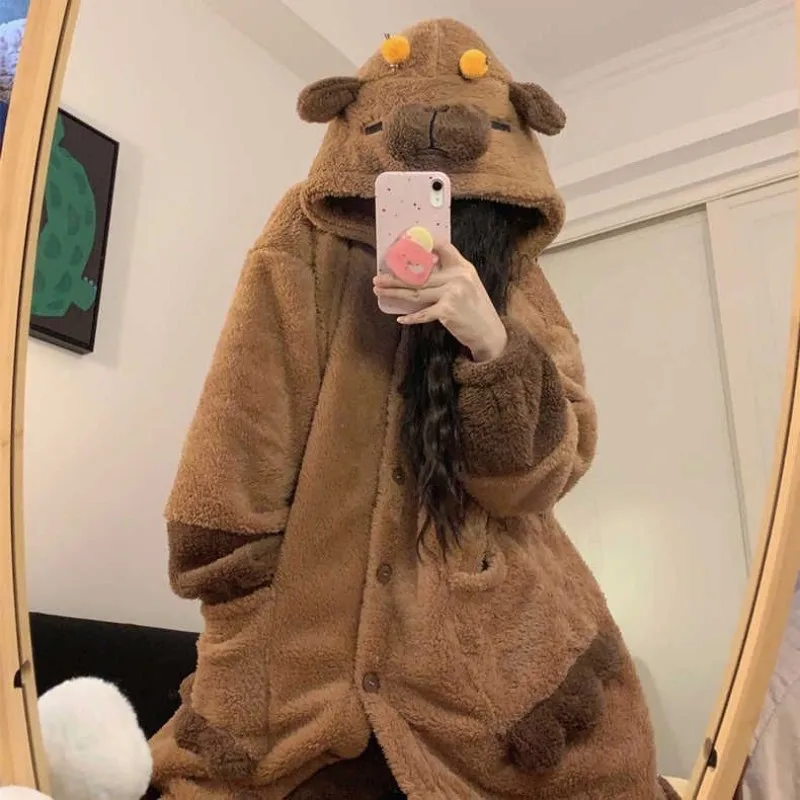 Cute Capybara Winter Pajama Cartoon Animal Soft  Jumpsuit For Adults Kawaii Velvet Pajama Night Robe Cosplay Suit Gift