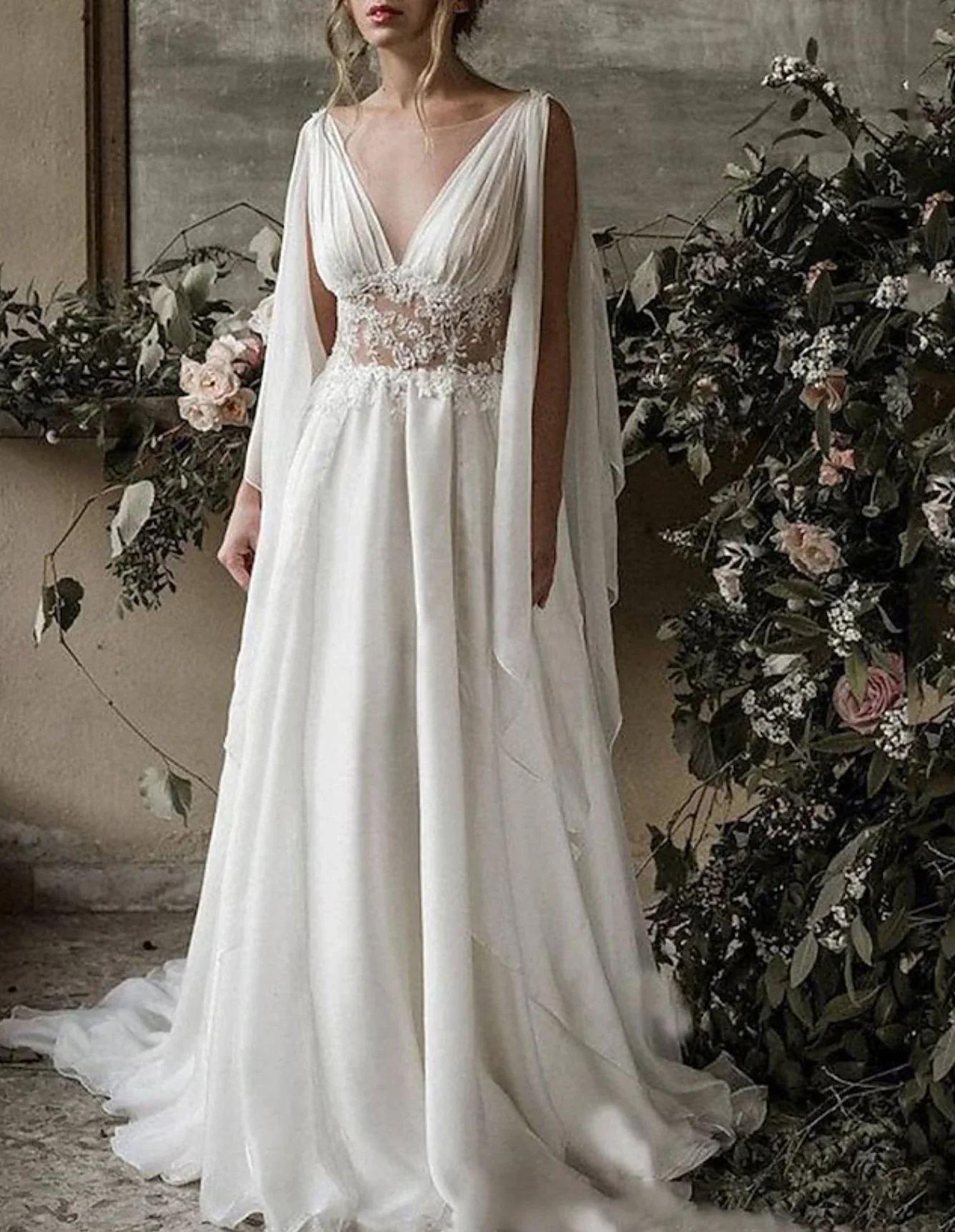 Wedding Dresses A-Line V Neck Short Sleeve Tea Length Chiffon Bridal Gowns With Applique Pleats Solid Color 2024