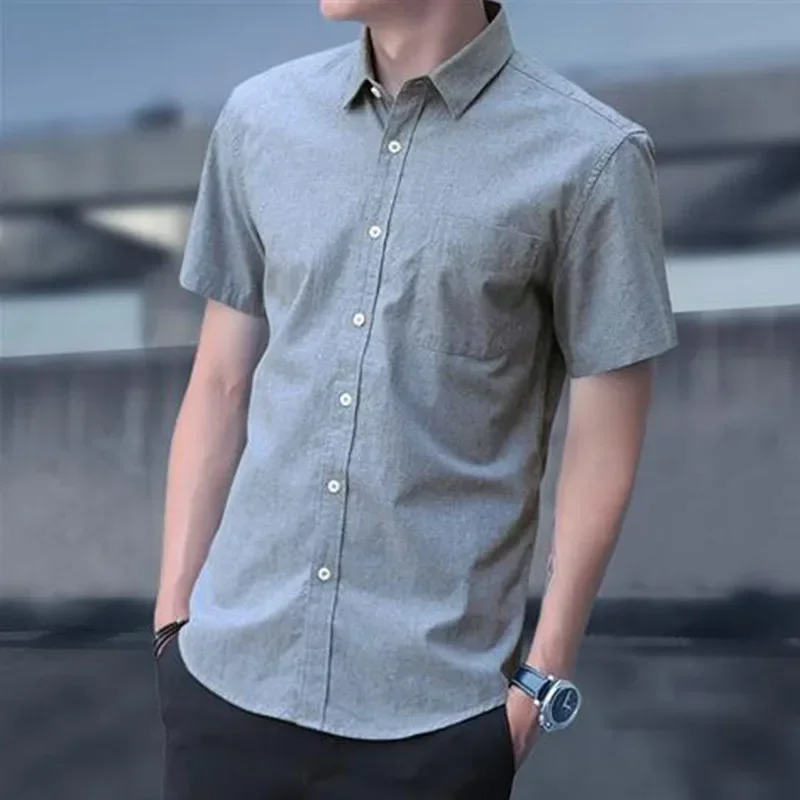 

Summer Men's Oxford Short Sleeve Shirt Casual Slim Fit Korean Fashion Shirts For Men Business Luxury Elegant Blouse Tops