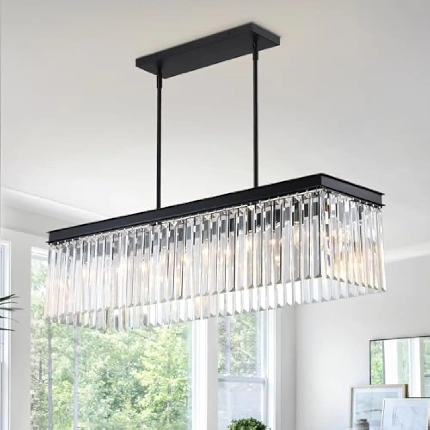 

Rectangle Crystal Chandelier, 6-Light Modern Large Black Chandelier, Adjustable Hanging, Luxury Pendant Light Fixtures for Dinin