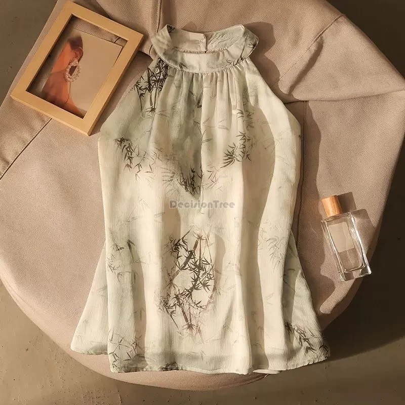 

2025 new chinese retro style chiffon halter cheongsam top for women summer ink print elegant loose style sleeveless top vest