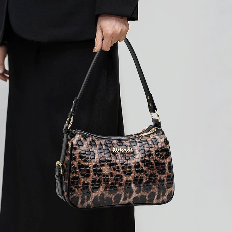 Aidrani Leopard & Crocodile Embossed Cowhide Leather Women Shoulder Bag, Multi-Pocket Hobo Bag with Adjustable Strap