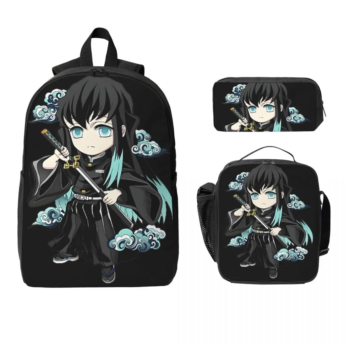 

Chibi Mist Pillar Muichiro Tokito Backpack Student Boy Girl BookBag School Bag Shoulder Bags 3ps Insulated Lunch Bag Pencil Case