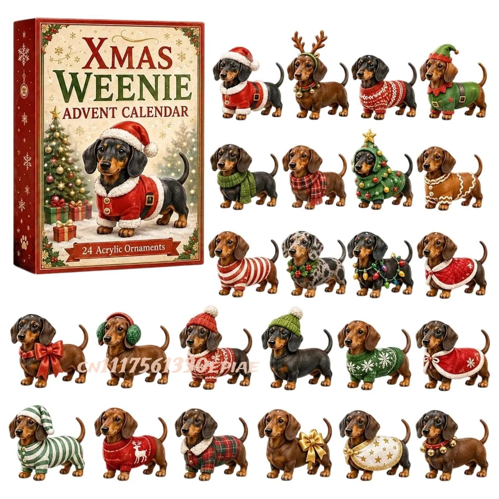 2026 Dachshund Advent Calendar, 2D Christmas Dog Collectible Set,24 Unique Festive Dachshund Figures,Santa & Sweater Designs
