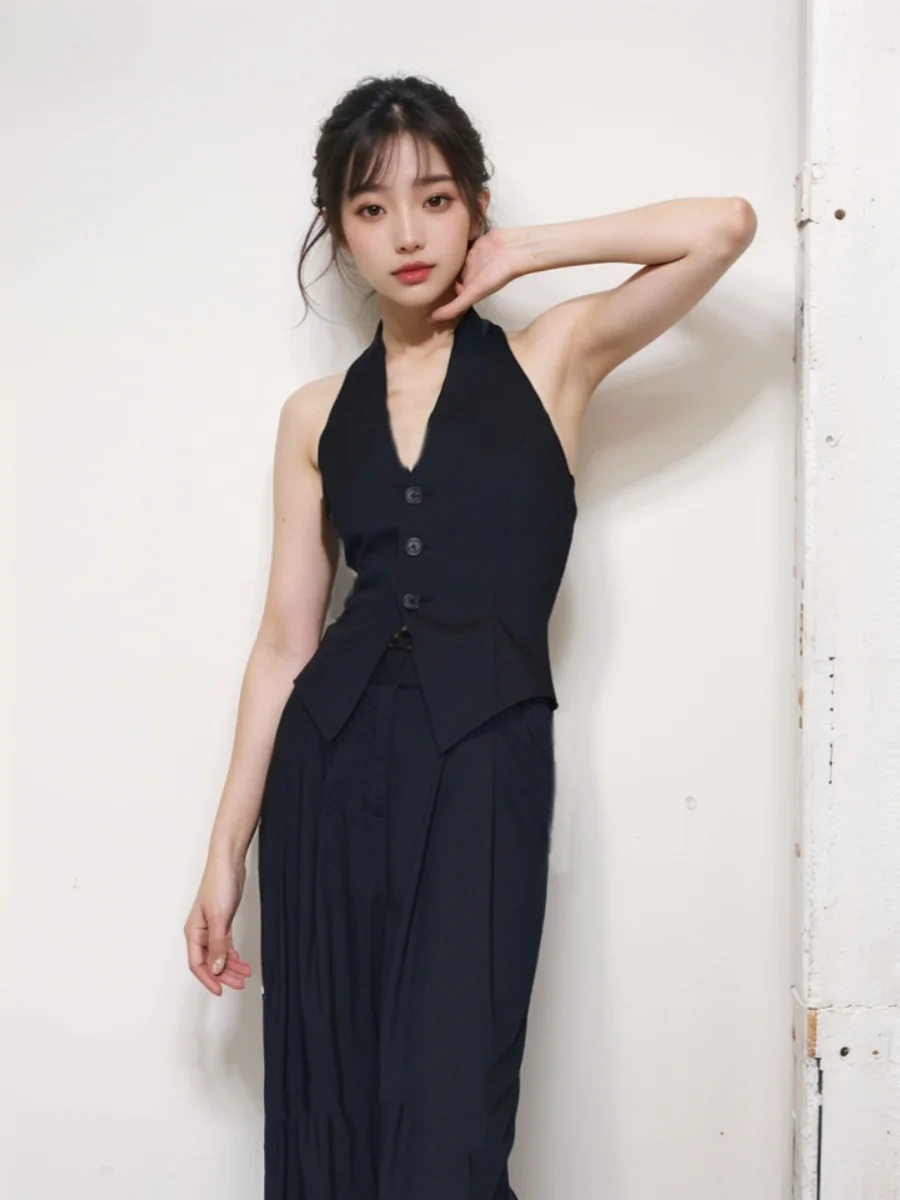 

Black White Double Color V-Neck Hanging Neck Tank Top Wide Leg Pants Women's Fashion Design Set Summer New Arrival