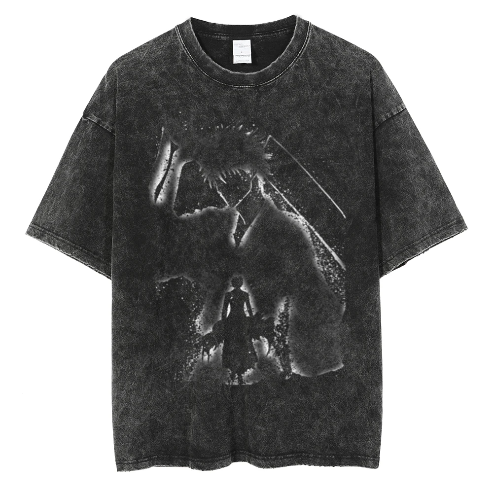 

2026 New Anime Bleach TShirt Men Red Hollow Ichigo Print Vintage Washed Cotton Shirts Hip Hop Oversized Streetwear Tees Tops