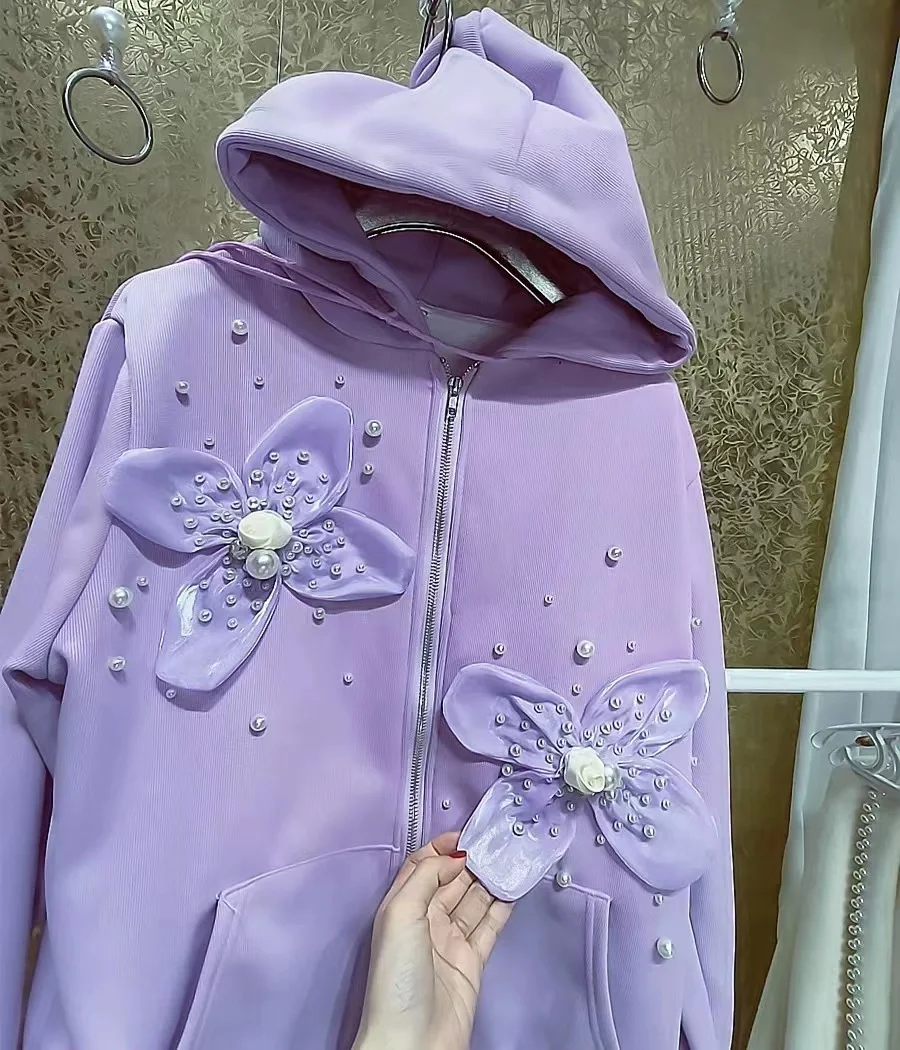 Luxury Style Heavy Beads Flower Stitch Zip-up Hooded Coat Autumn Winter 2024 New In Long Sleeve  Padded Fleece Sweatshirts