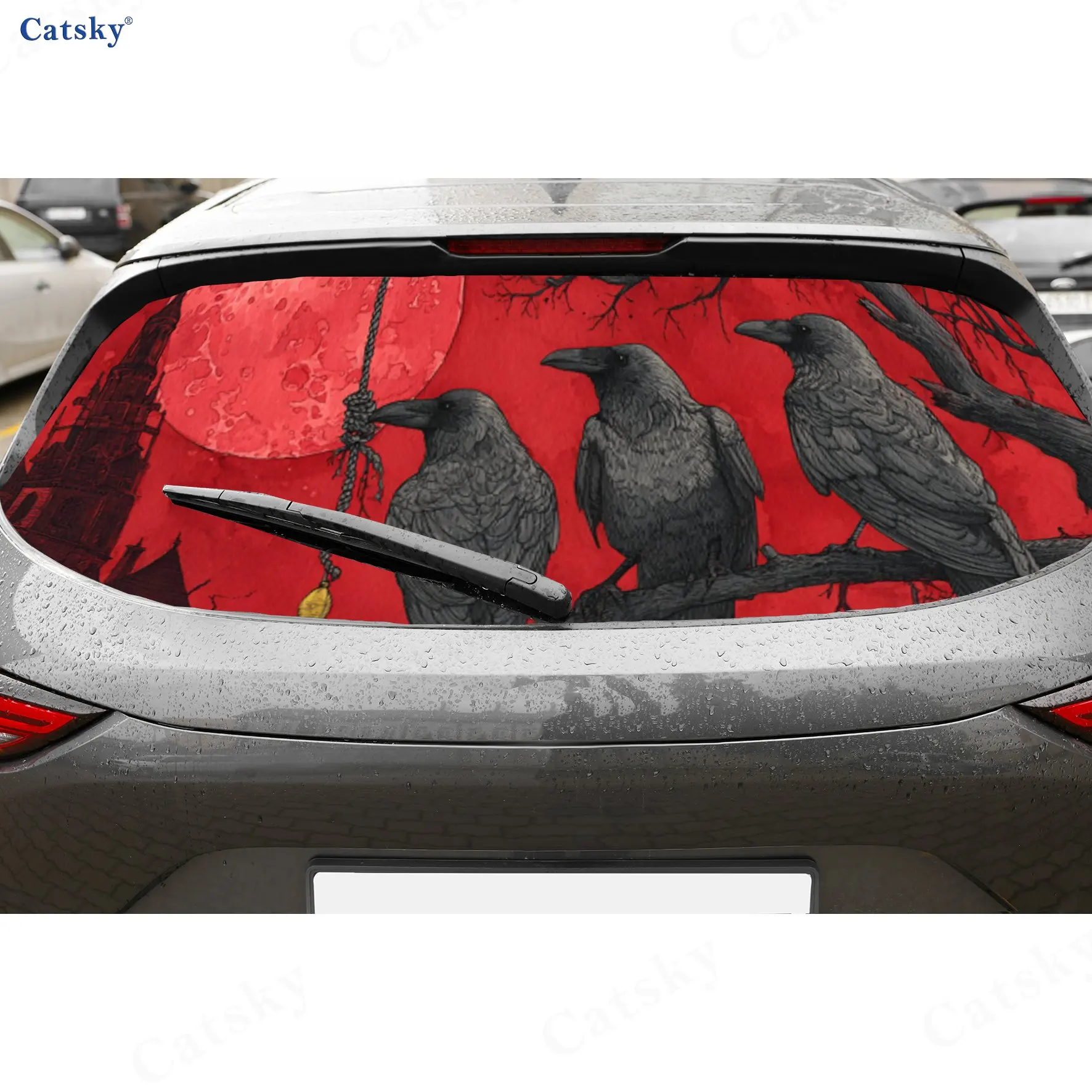 

Загадочная кровь, луна, темная ворона, ПВХ, перфорированные автомобильные виниловые обертывания, прочная наклейка на заднее лобовое стекло автомобиля, водонепроницаемое заднее окно автомобиля