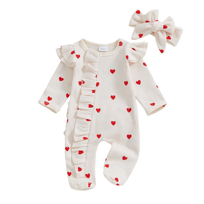 Baby Girl Valentine s Day Outfits Ruffles Love Heart Zip Up Footied Pajamas with Bow Headband 2 Pcs Coming Home Set