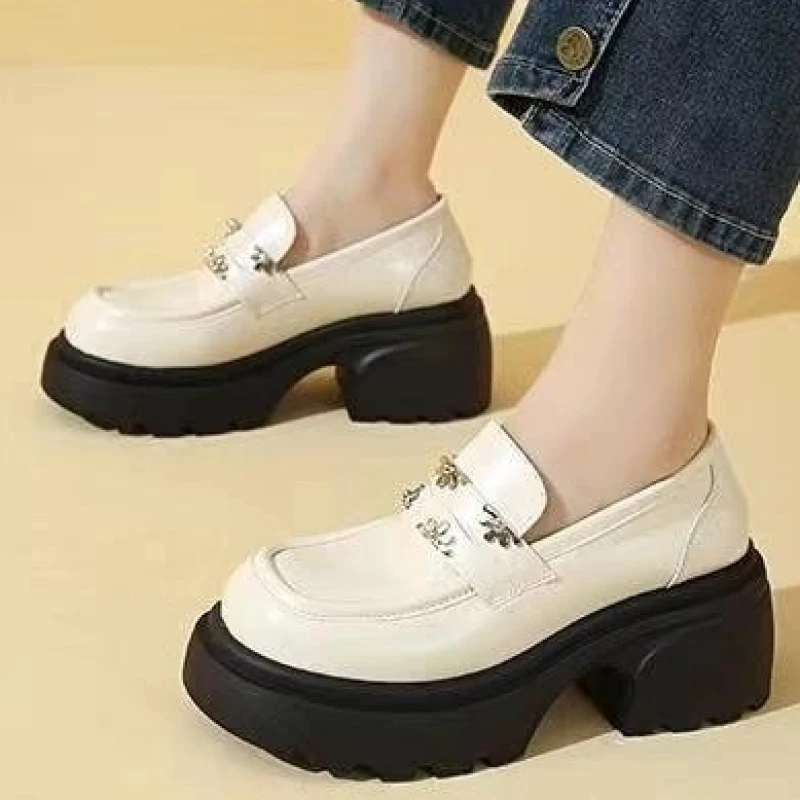 2024 Women Shoes New In Fashion Luxury Designer Platform Thick Bottom Height Increasing Shoes Metal Chain Slip on Dress Shoes