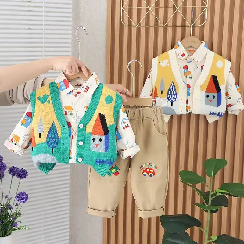 Spring and Autumn Children\'s Clothing Set New Boys and Baby Handsome Shirts Vest Pants Three Piece Set Kids Outfits 1 2 3 5Y