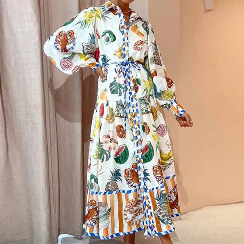 

GG316 Large size women's lantern sleeves printed long lapel waist long sleeve dress for women