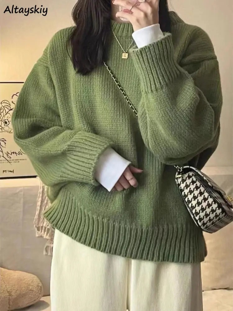 Pulls Baggy monochromes pour femmes, tricots décontractés, manches longues, vêtements côtelés, vert, élégant, charmant, esthétique, tout match,
