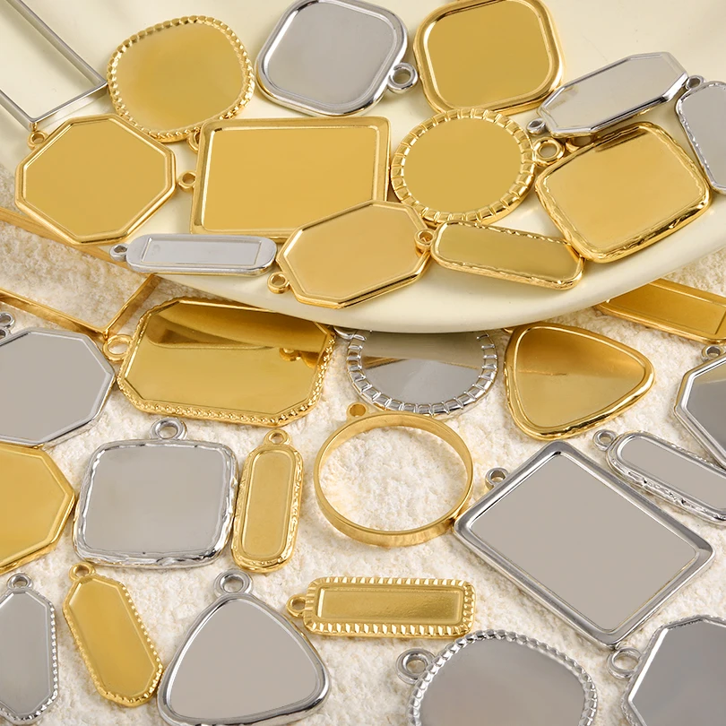 6 قطعة الفولاذ المقاوم للصدأ هندسية فلاتباك فارغة كابوشون قاعدة قلادة لصنع المجوهرات الشرير غير النظامية النقش صينية الحافة Colgantes