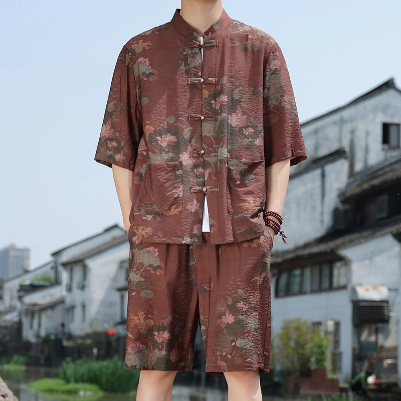 4XL 5XL Mens Plus Size Chinese Streetwear Tracksuit Men Summer Two Piece Set Kimono Shirt + Shorts Male Clothes Men 2 Piece Set