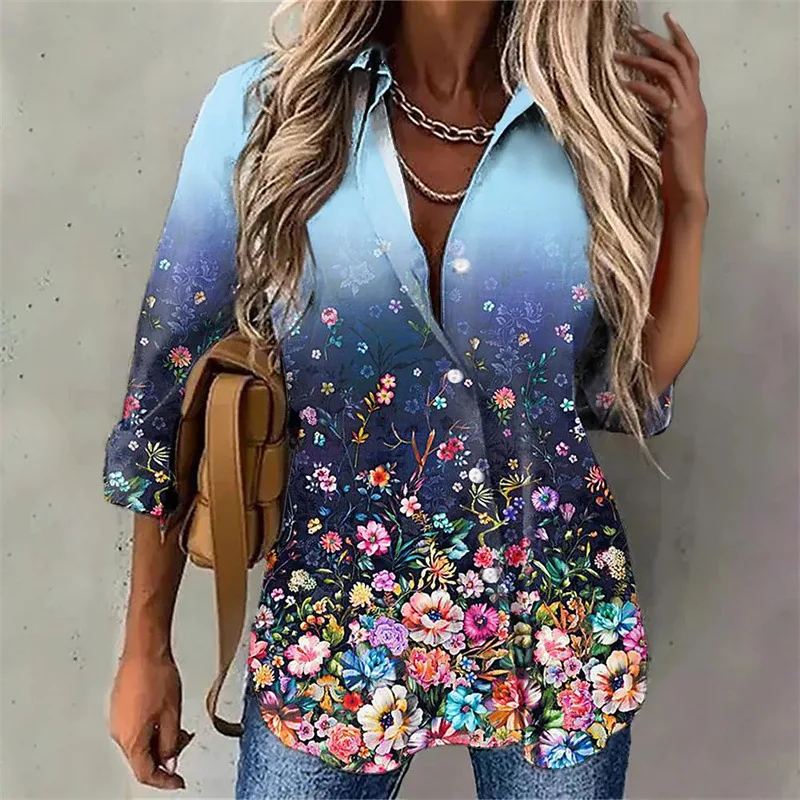 Spot Fashion Women's Loose New Style Flower Print Long Sleeved Lapel Shirt