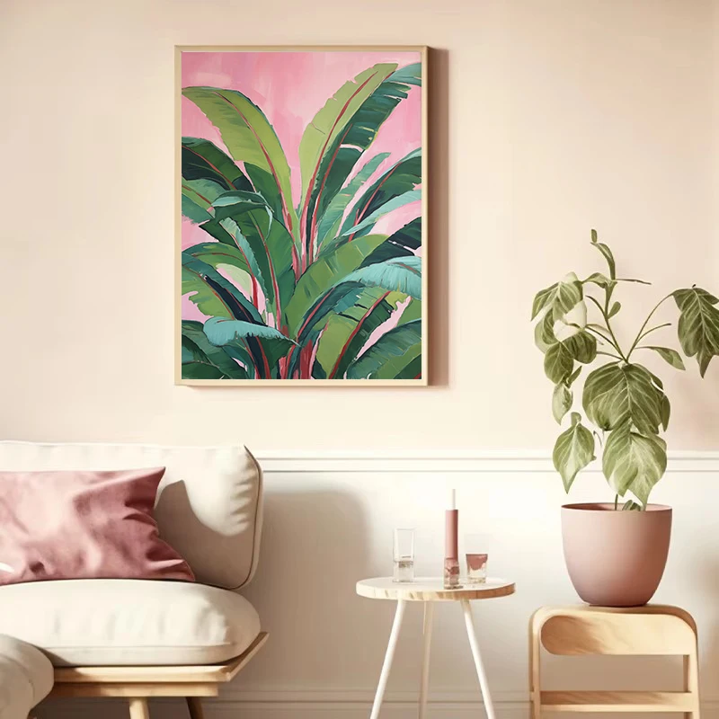 Tropical Leaves Cocktail Pink Summer Botanical Plants Poster Canvas Painting Aesthetic Wall Art Pictures Home Interior Decor