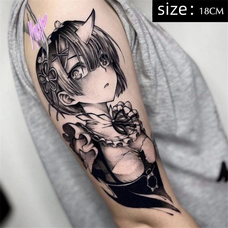 Luna Store  Anime Rem Ram Temporary Tattoos Cartoon Cosplay Black Girl Transfer Tattoo Body Art Waterproof Fake Tatoo Sticker