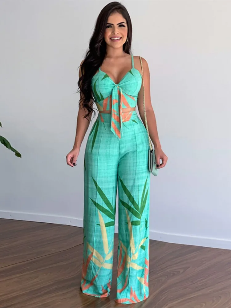 Sexy V Neck Sleeveless Tops Pants Set Office Lady Spring Summer Casual Print Blouse Trousers Two Piece Set Women Outfit 2023