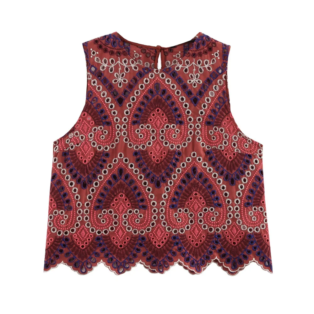 UNIZERA Women's Fashion Hollow Embroidered Round Neck Sleeveless Top Summer New High Waist A-line Half body Long Dress