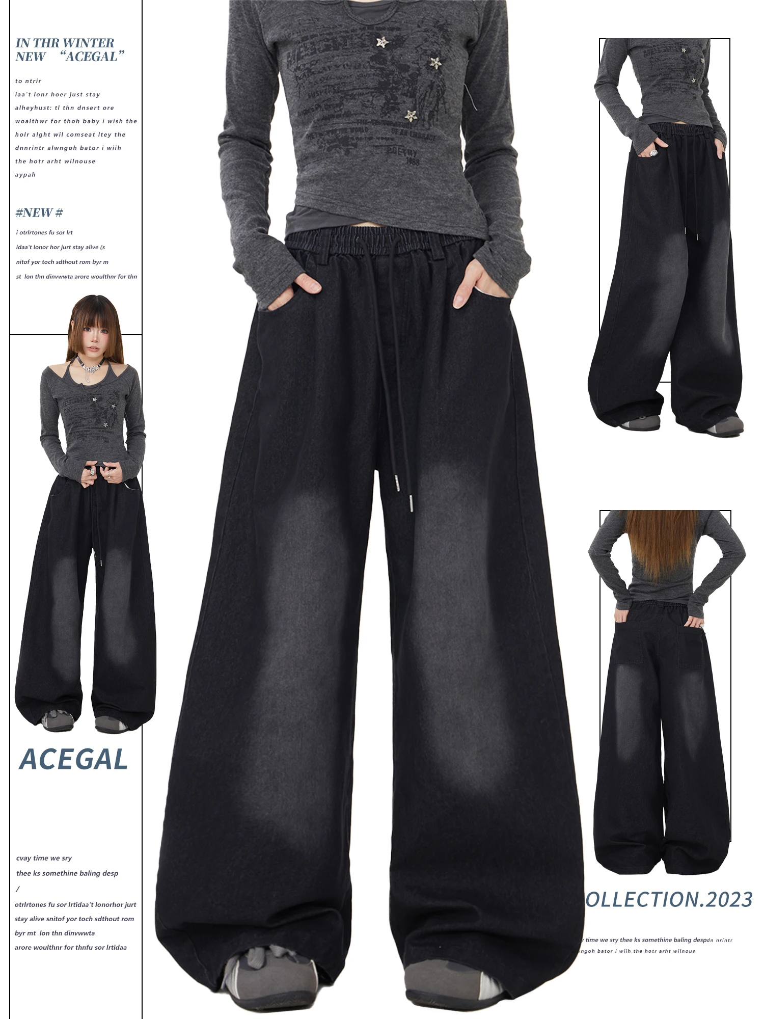 Remedie High Waist Wide Leg Denim Jeans Women's Black Grey Gradient Washed Straight Leg Floor-Length Casual Trousers