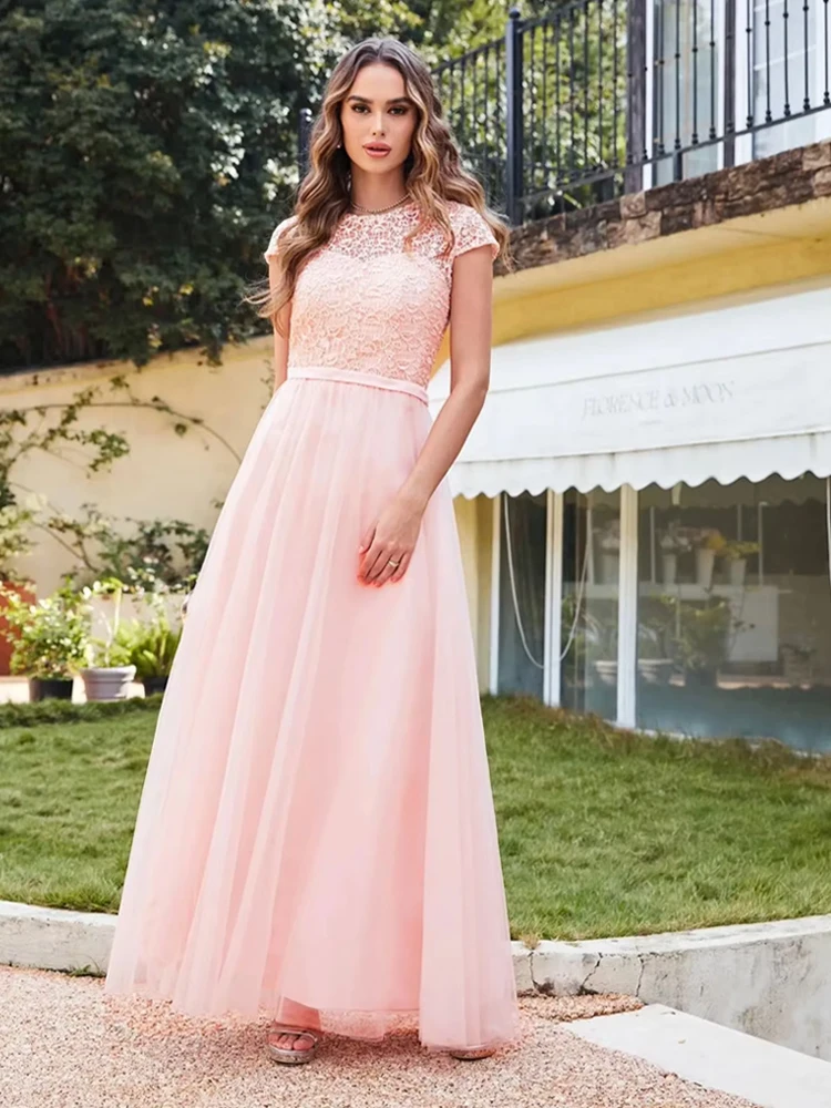 

A-Line Tulle Lace Evening Dress Formal Occasion Dresses Floor-Length O-Neck Zipper Up Elegant Cap Sleeves Party Dress