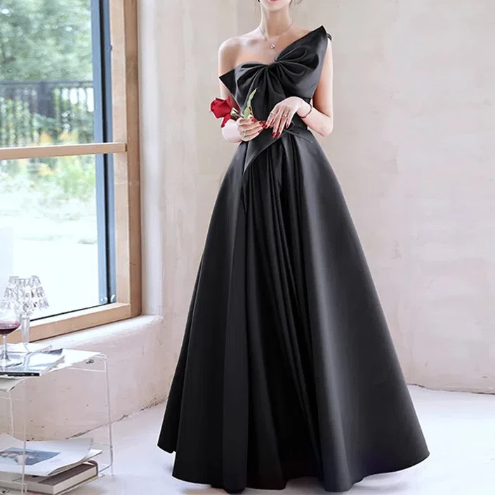 Reject Return J105 Sexy One Shoulder Party Bridesmaid Dress 2024 Sweet Memory Black Wine Red Satin Cocktail Dresses With Bow