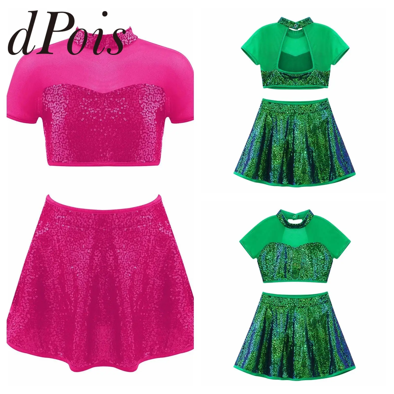 

Одежда для джазовых танцев с блестящими пайетками для девочек, укороченный топ, юбка, комплекты для катания на коньках, сценические костюмы, детская одежда для сценических танцев