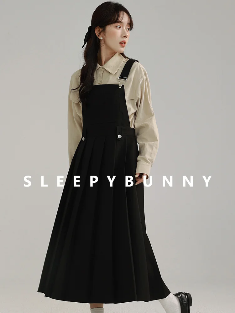 Elegante Plissee Hosenträger Kleid Frauen Herbst Hohe Taille Schlank Pinafore Midi Kleid Casual Vintage Ärmelloses A-line Kleid Outfit