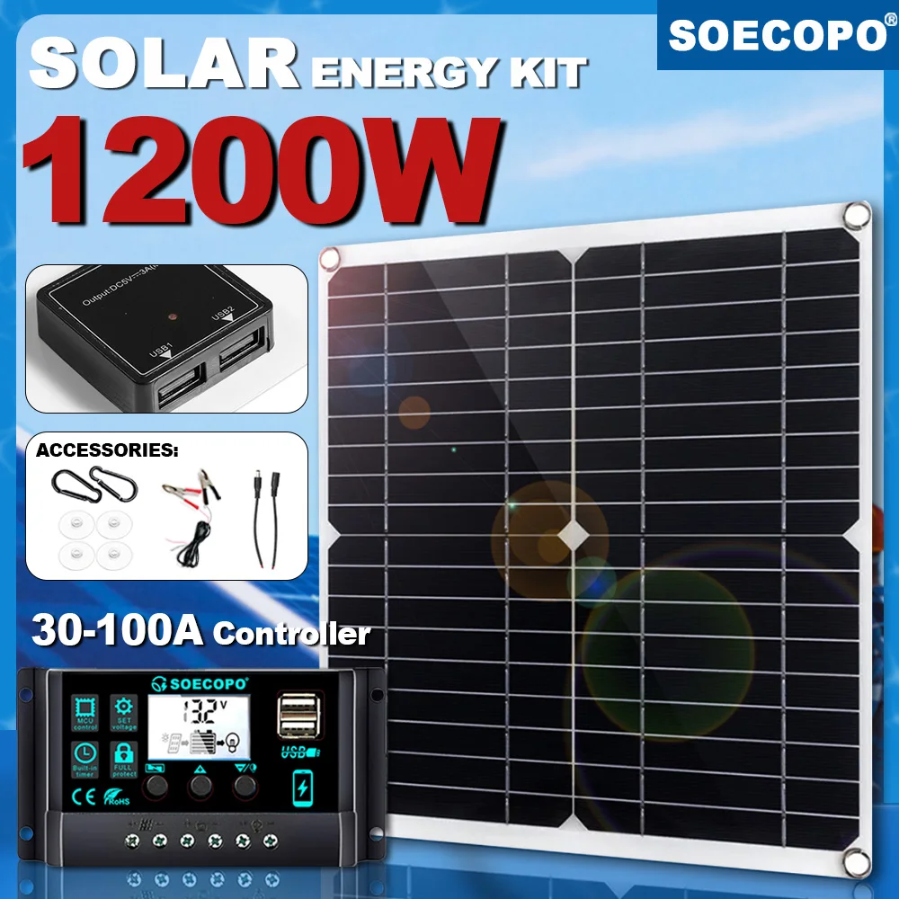 SOECOPO 1200W Solar Panel Kit Portable 12V Battery Charger 100A Controller USB Photovoltaic System for Car RV Boat Camping