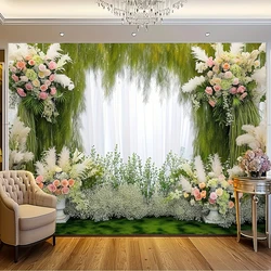 Arched wedding background Stone flower potted white curtains Green ivy wall decorated outdoor ceremony green grass background