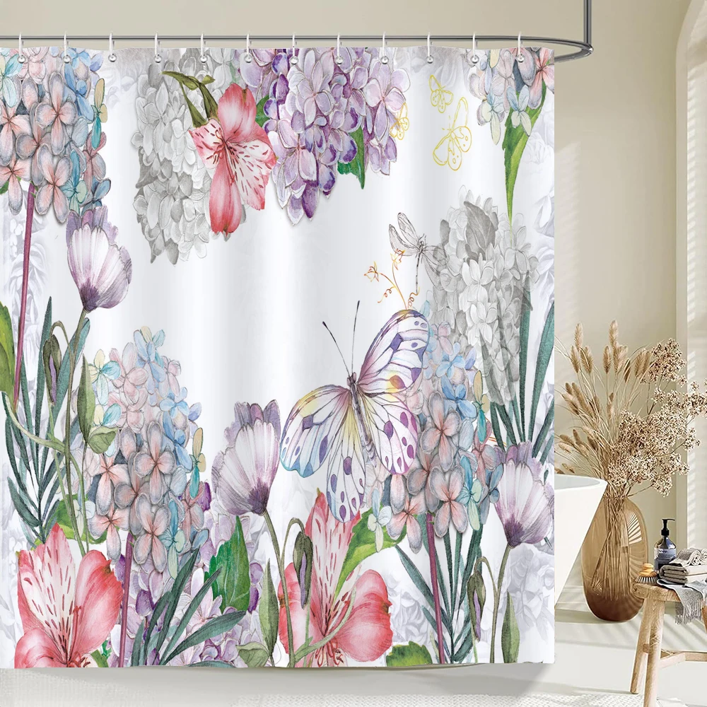 

1 pc floral pattern polyester material shower curtain waterproof fabric, flowers leaf printed partition curtain for bathroom