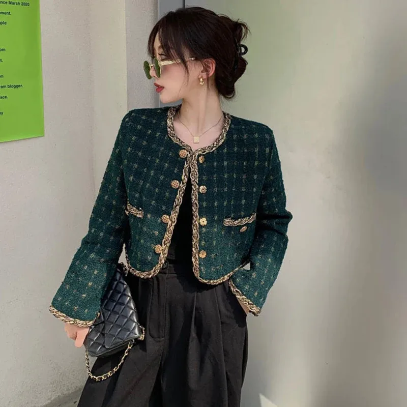 

2024 Korea New Arrive Elegant Retro Plaid Short Woolen Jackets Women Autumn Ladies Long Sleeve Metal Single Breasted Tweed Coat