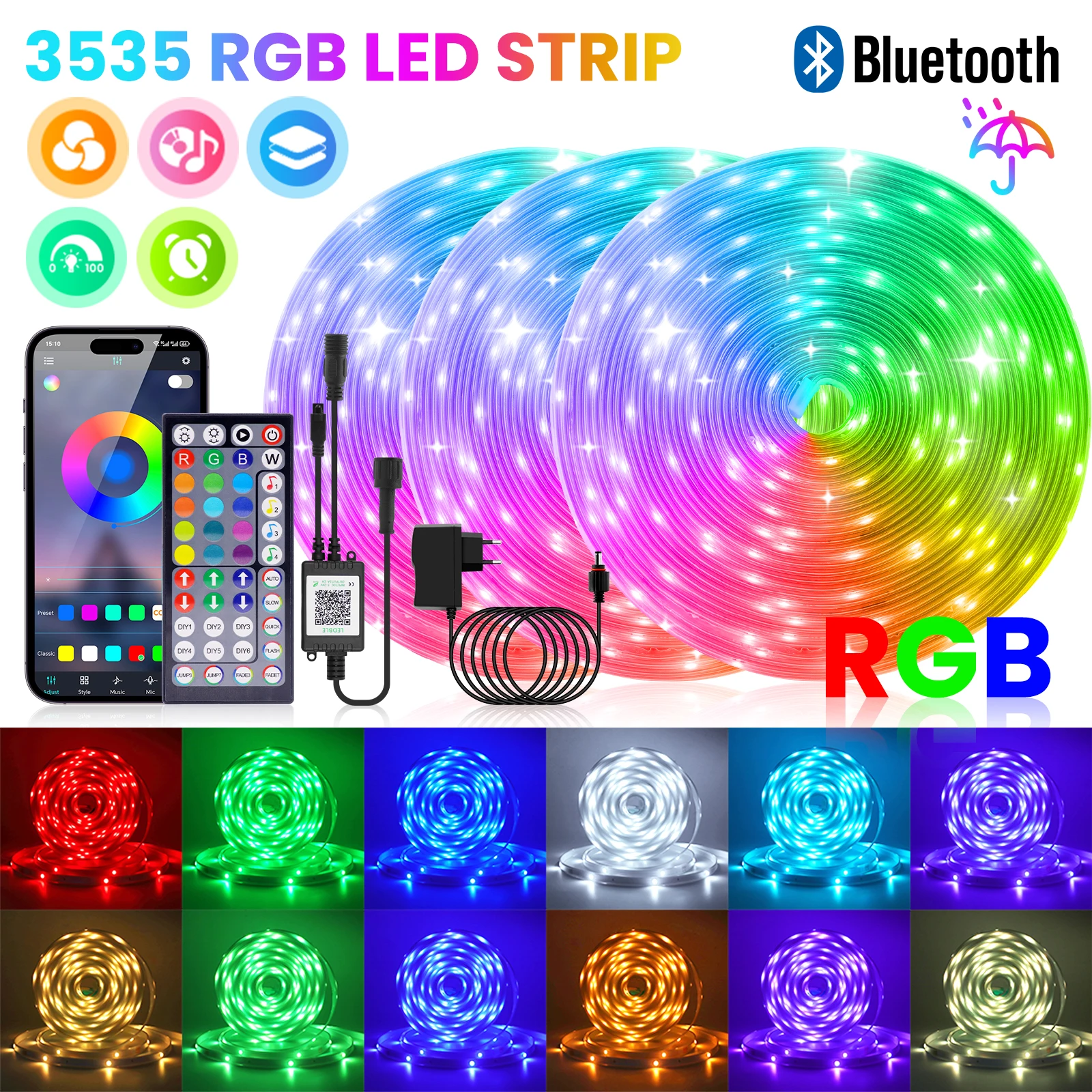 IP67 Waterproof LED Strip Lights 24V 3535SMD Bluetooth Music RGB LED Light 5m 10m 30m 60m Flexible Ribbon Rope Lamp with Remote