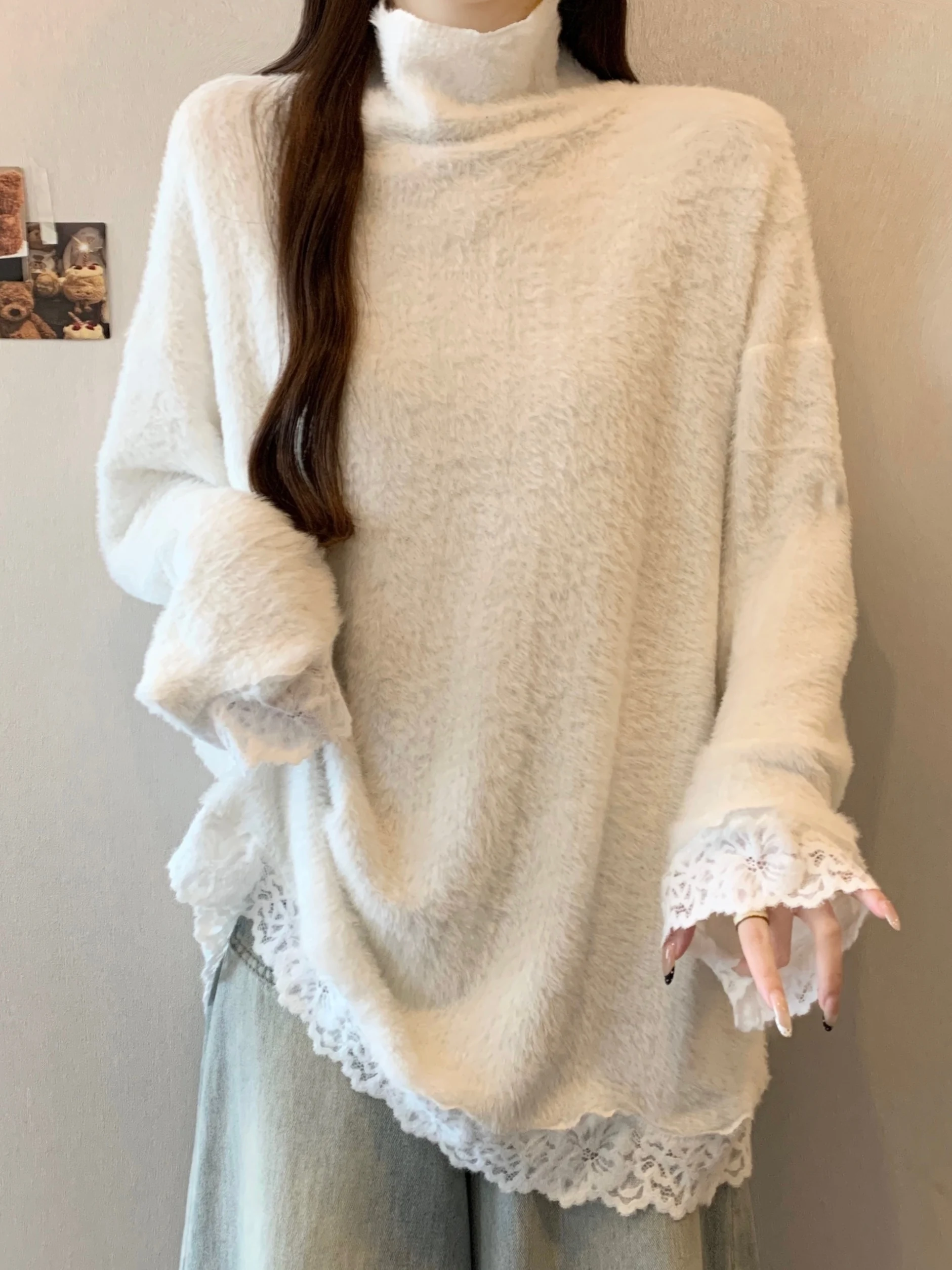 

plus Size Lazy Sle High Collar Lace Splice Furry Base irt Women Autumn Winter Loose Meat Covering Mid-Length Top