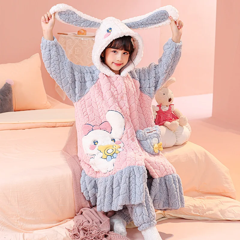 

Kawaii Cinnamoroll зимний пижамный костюм для девочек, милый детский зимний бархатный утолщенный коралловый флис, теплая домашняя одежда, ночная рубашка, костюм