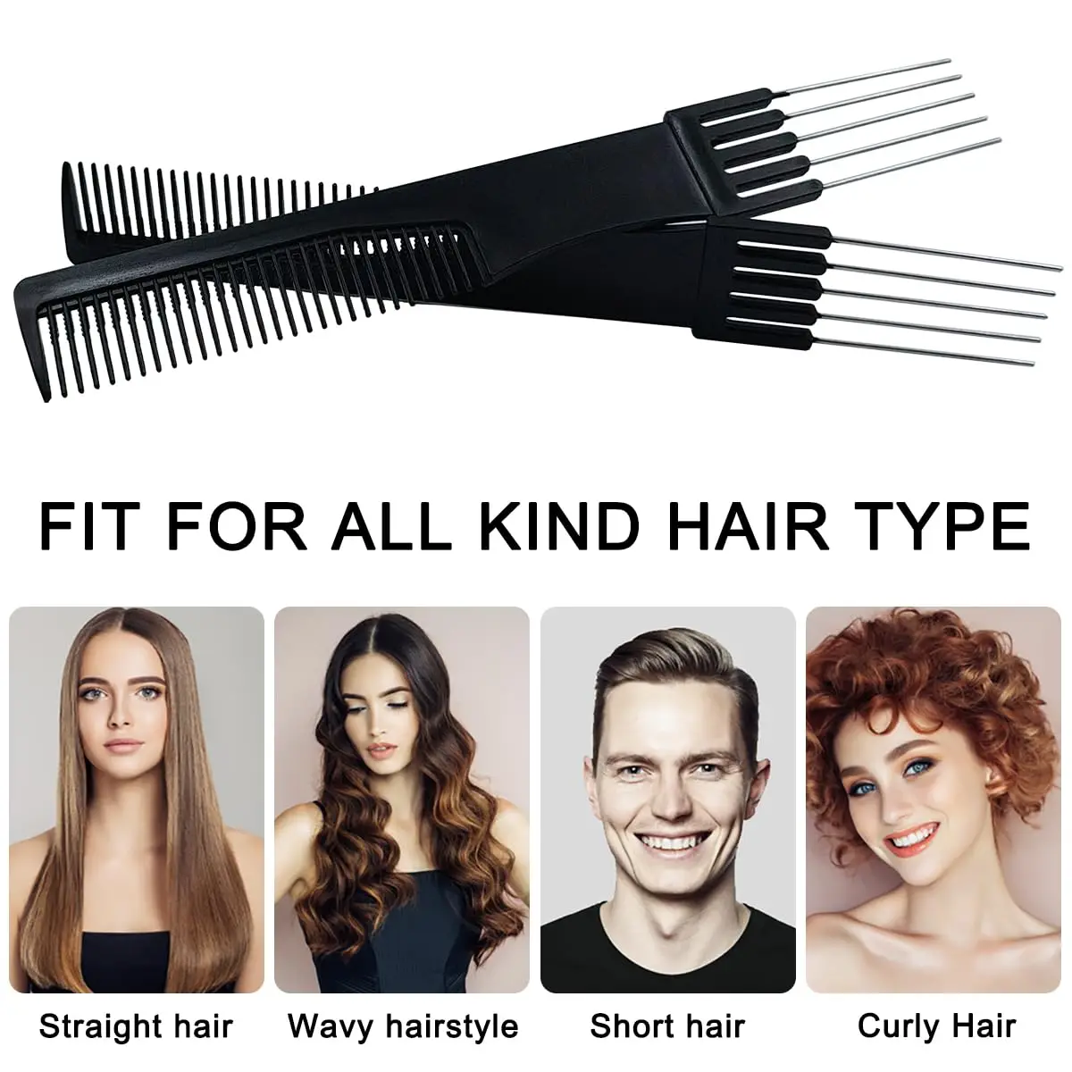 1/2/3/5 แพ็คคาร์บอนยกหวีล้อด้วยง่ามโลหะ, หวีเลือกผมสําหรับผู้หญิงจัดแต่งทรงผม (สีดํา)