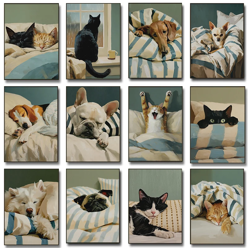 Cozy Animals Wrapped in Blankets Chihuahua Tuxedo Cat Pet Portrait Bedroom Prints Canvas Painting Wall Pictures Home Room Decor