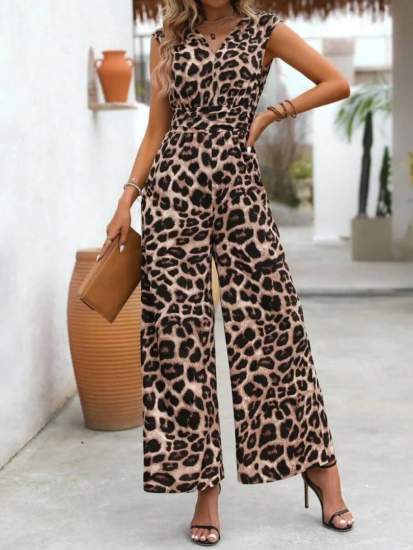 Mono con estampado de leopardo para mujer, sin mangas, con cuello en V profundo, pierna ancha, mono Sexy de una pieza para mujer, monos informales de verano