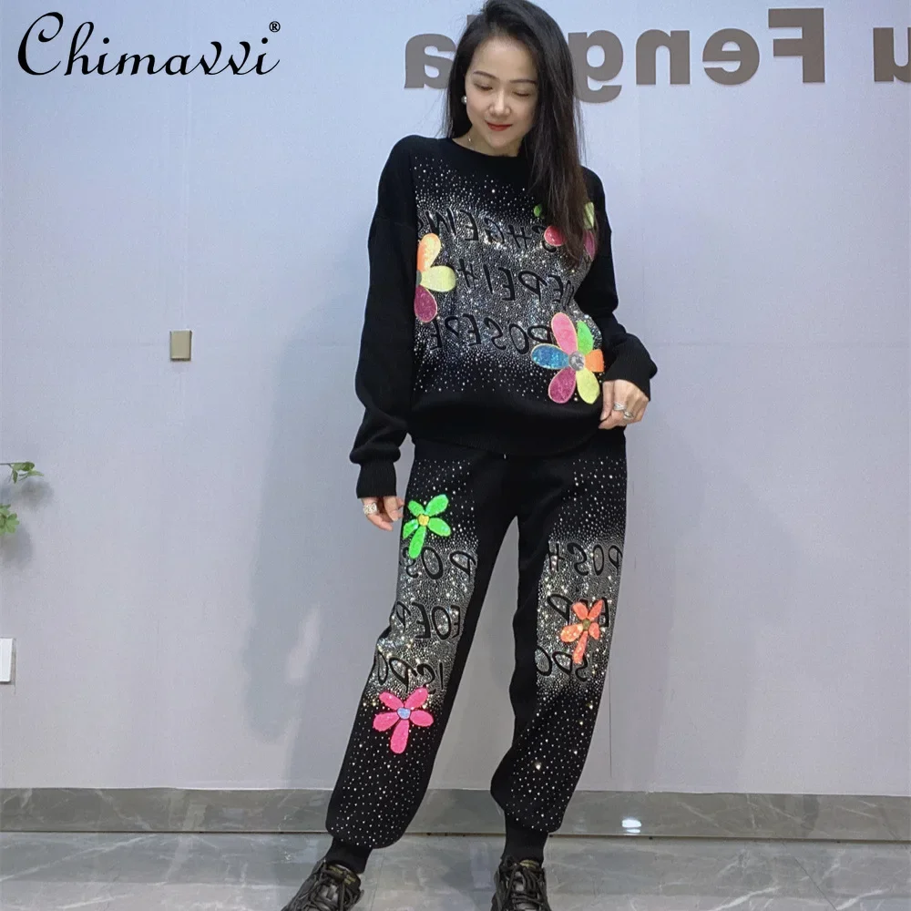 Autumn Winter New Fashion Long-sleeved Sequin Sparkling Diamond Pullover Knitted Sweater and Pant 2 Piece Sets Women's Outfits