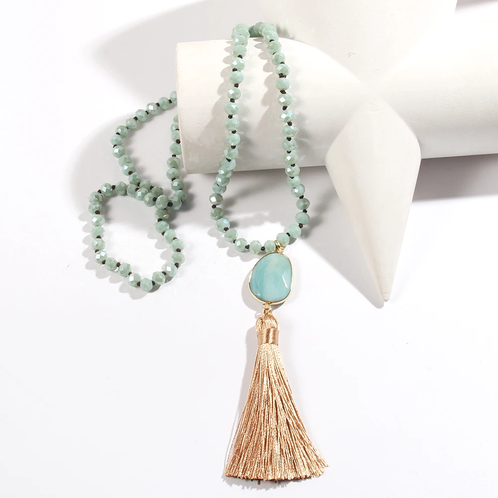 Fashion Bohemian Women Jewelry  8mm Crystal Glass Knotted Necklace Oval Stone Charm Tassel Necklaces For Women Gift