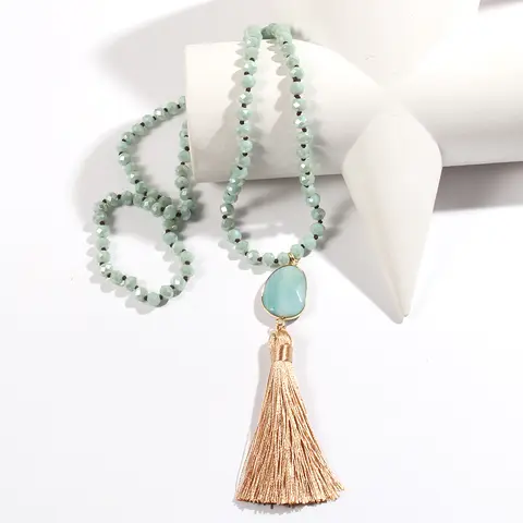 Fashion Bohemian Women Jewelry  8mm Crystal Glass Knotted Necklace Oval Stone Charm Tassel Necklaces For Women Gift