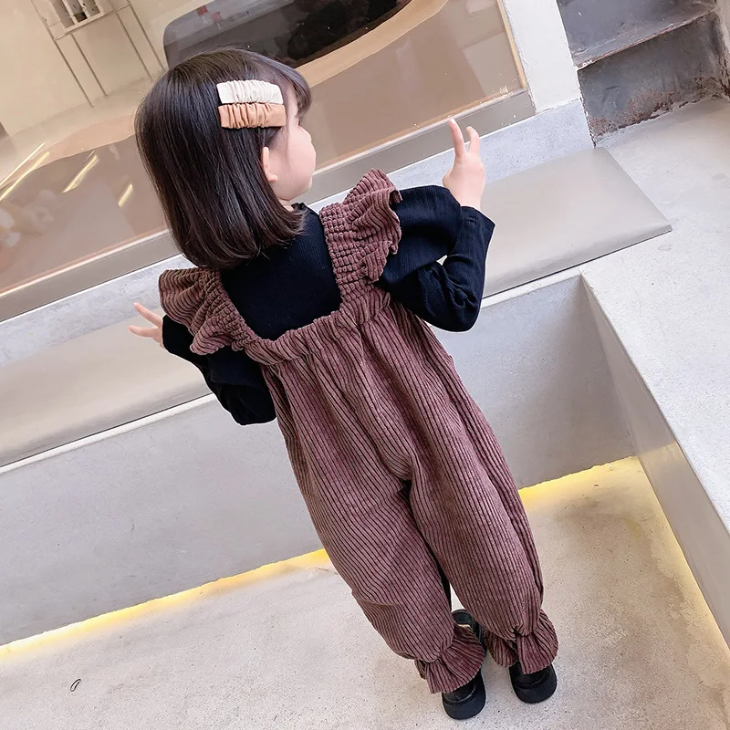 Sping Girls Corduroy Shoulder Pants With Small Flying Sleeves Camisole Pants Autumn Trousers Pocket Fashion Children's Jumpsuit