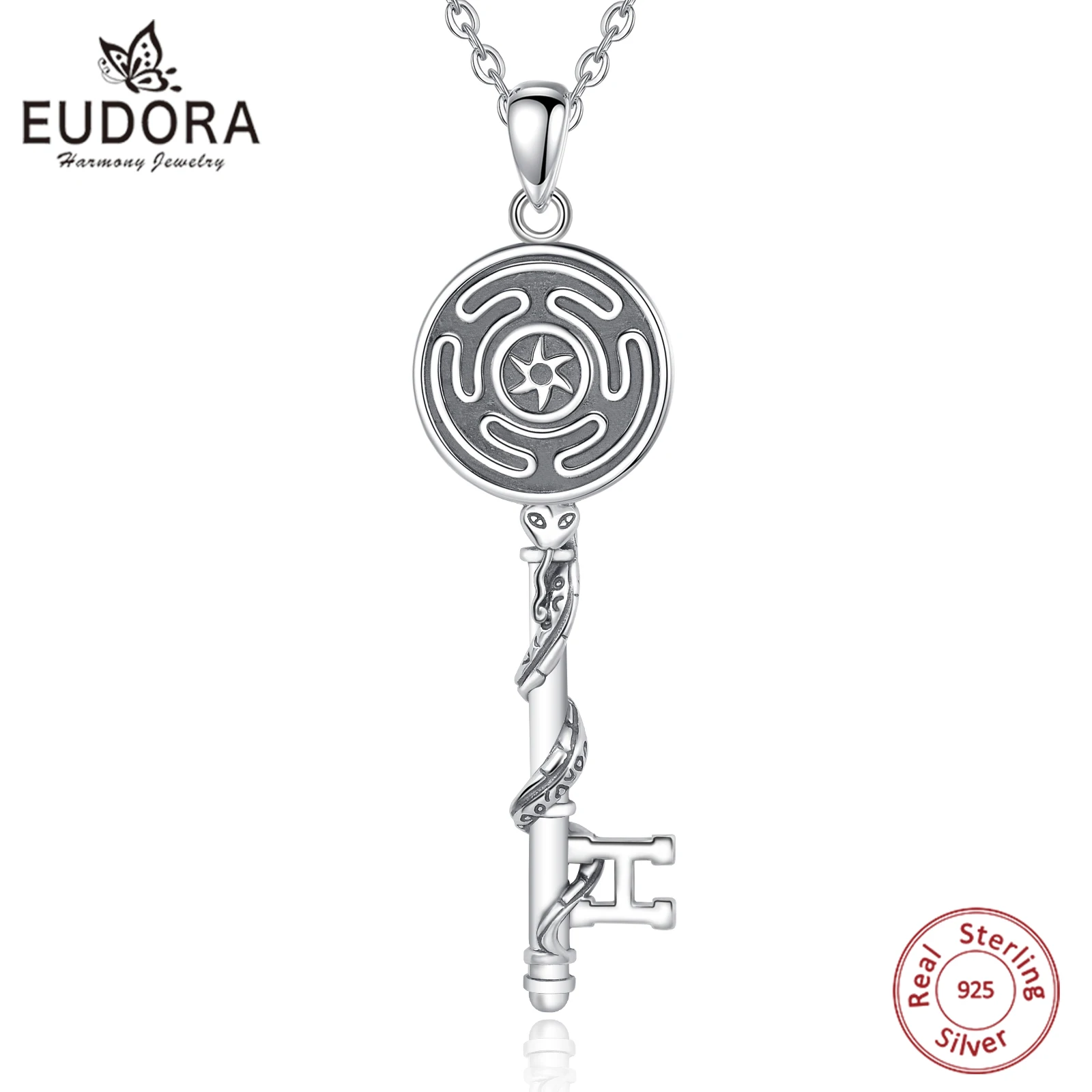Naszyjnik Eudora Srebro Próby 925 Koło Hekate Trójboja Wisiorek Wąż Klucz Amulet Wiedźma Biżuteria Pogańska Prezent dla Kobiet i Mężczyzn
