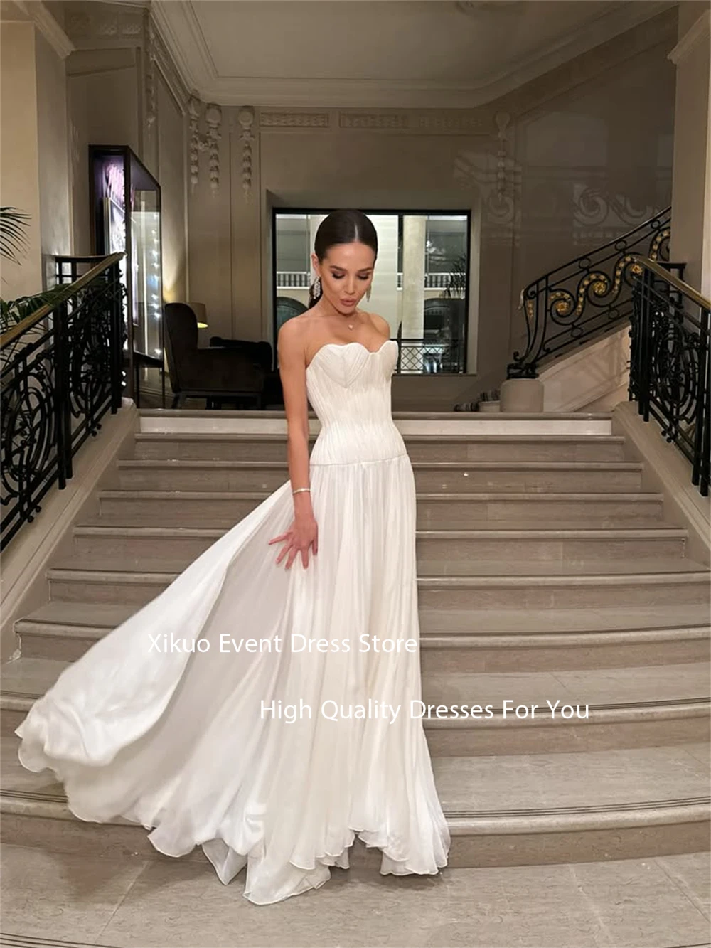 Xikuo querida uma linha vestido de casamento flowy chiffon vestido de noiva plissado sem mangas árabe saudita vestidos de novia personalizado