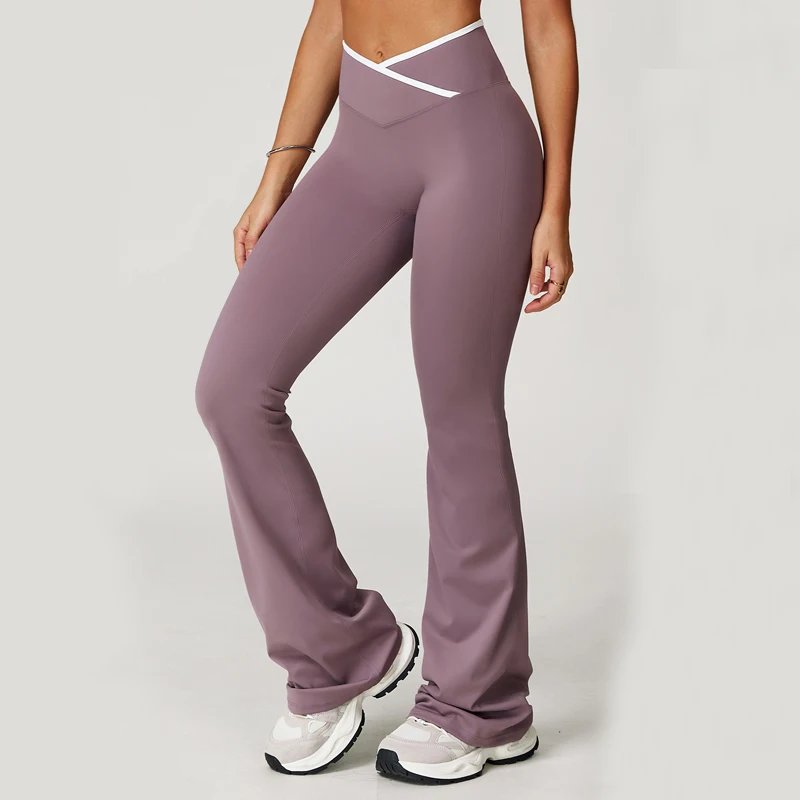 VITALINOVO Womens Flare Leggings No Front Seam Flare Gym Yoga Pants with with Tummy Control Color Block Crossover High Waist