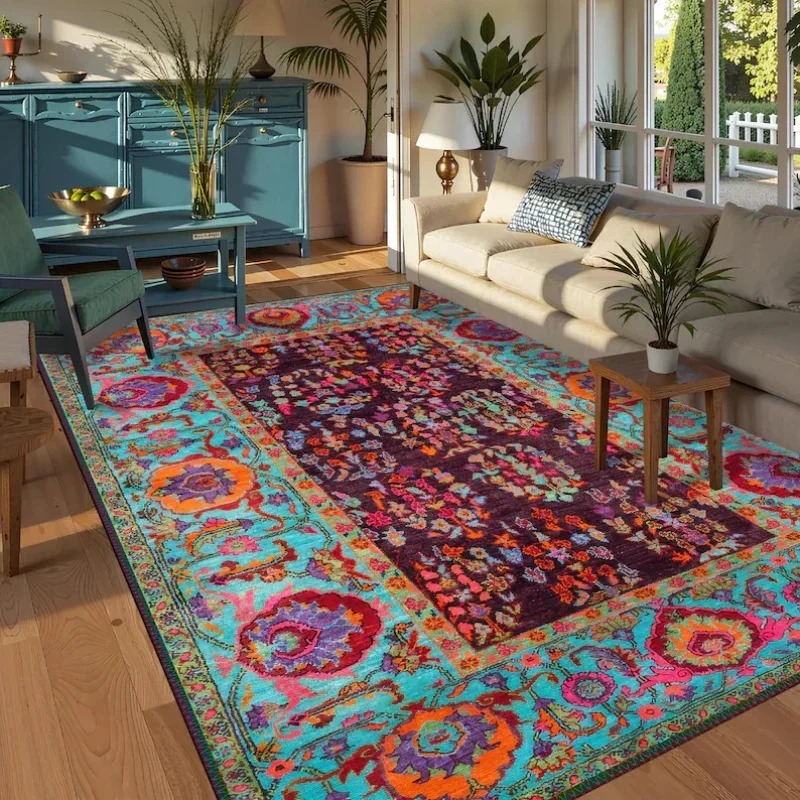 VIKAMA Non-slip Washable Floral Boho Purpl Rug for Living Room Home Decor