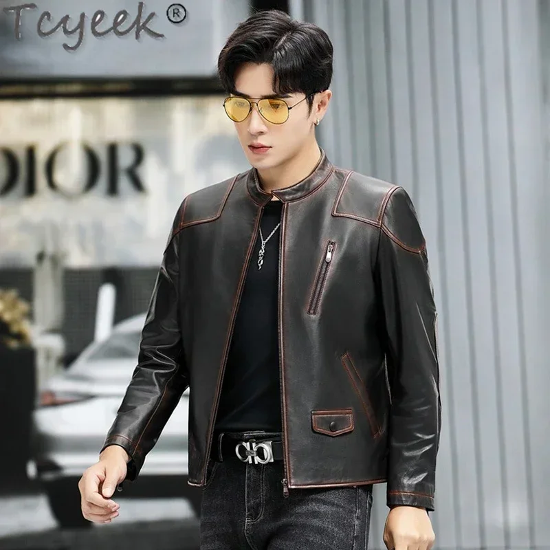 Tcyeek Top Layer Cowhide Coat Men Autumn Winter Clothes 2025 Men's Motocycle Jackets Vintage Natural Leather Jacket Streetwear